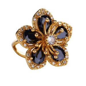 Anthropologie Blossom Black Floral Gold Adjustable Ring